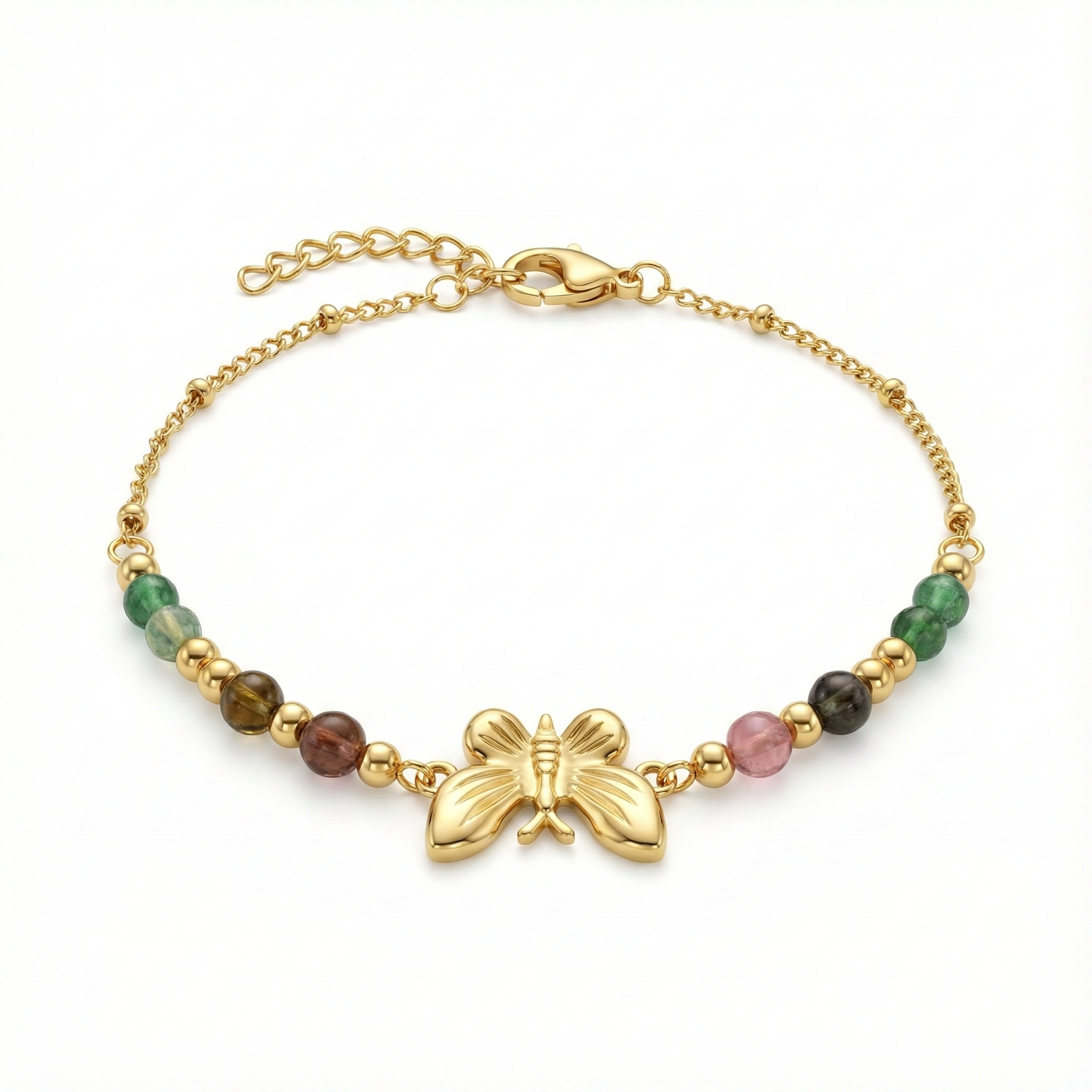 bracelet acier inoxydable doré soleil doré perles vertes vue large