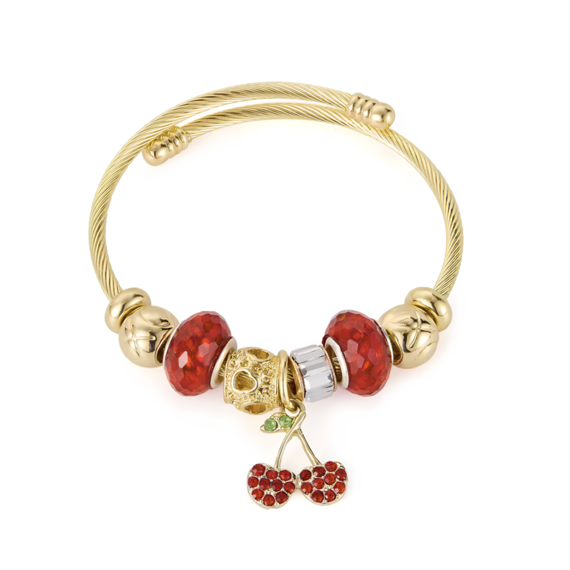 Ce bracelet rigide doré séduit par son design ludique et coloré : un ensemble de charms scintillants, dont une cerise rouge en zircon cubique, apporte éclat et originalité. Un bijou au style affirmé, parfait pour les esprits libres.

Matériaux : Acier inoxydable doré + alliage orné de zircon cubique et perles de cristal. Sans plomb, sans nickel.

Dimensions : Périmètre intérieur : 16 cm – largeur câble : 2,8 mm – poids : 20,6 g.

Style : Audacieux et vitaminé, ce bracelet s’adresse à celles qui aiment mixer