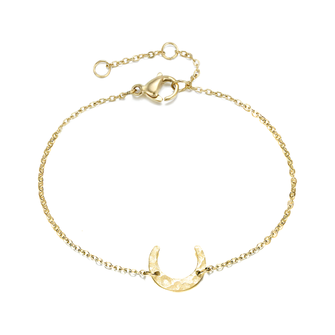 Un bracelet délicat, orné d’un croissant de lune martelé qui capte subtilement la lumière. Une pièce poétique et minimaliste, parfaite pour le quotidien.

Matériaux : Acier inoxydable couleur doré, résistant à l’eau et hypoallergénique.

Dimensions :
Chaîne réglable 15 + 3 cm
Pendentif lune : 11 x 9 mm

Style : Léger et raffiné, ce bracelet évoque les cycles lunaires et la féminité. À porter seul pour un look discret ou en superposition pour un effet tendance.

Un indispensable bohème-chic, à offrir ou à s’