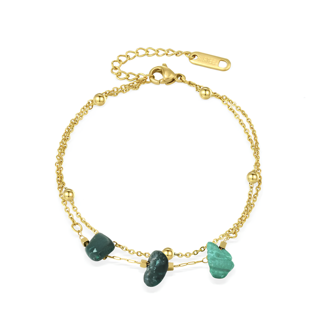 Ce bracelet double chaîne en acier inoxydable doré, orné de trois pierres vertes brutes, évoque la nature, l’ancrage et l’authenticité. Léger, original et texturé, c’est le bijou parfait pour une touche bohème chic.

Matériau : Acier inoxydable couleur doré, pierres synthétiques effet aventurine, hypoallergénique, résistant à l’eau et à l’oxydation.

Dimensions : Longueur 15,5 cm + chaîne d’extension – poids 2,6 g – ajustable.

Design : Double chaîne dorée décorée de perles lisses et de trois pierres irrégu