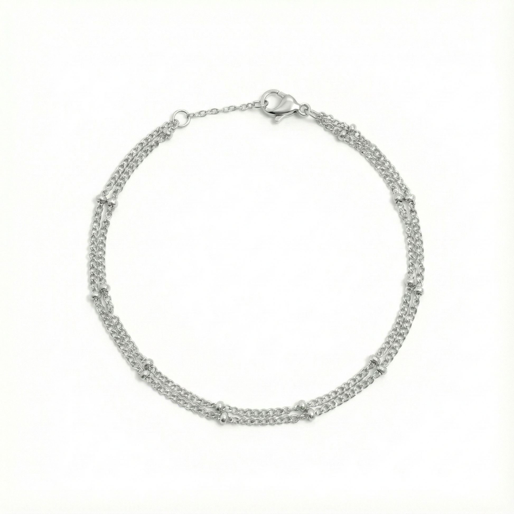 Bracelet double chaîne perlée argentée en acier inoxydable