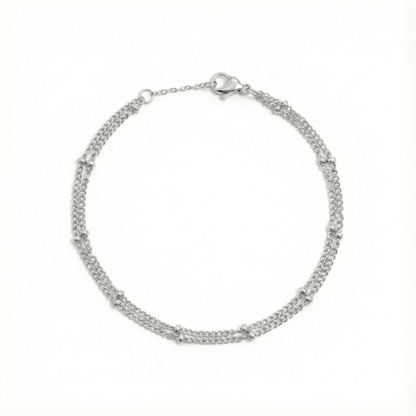 Bracelet double chaîne perlée argentée en acier inoxydable