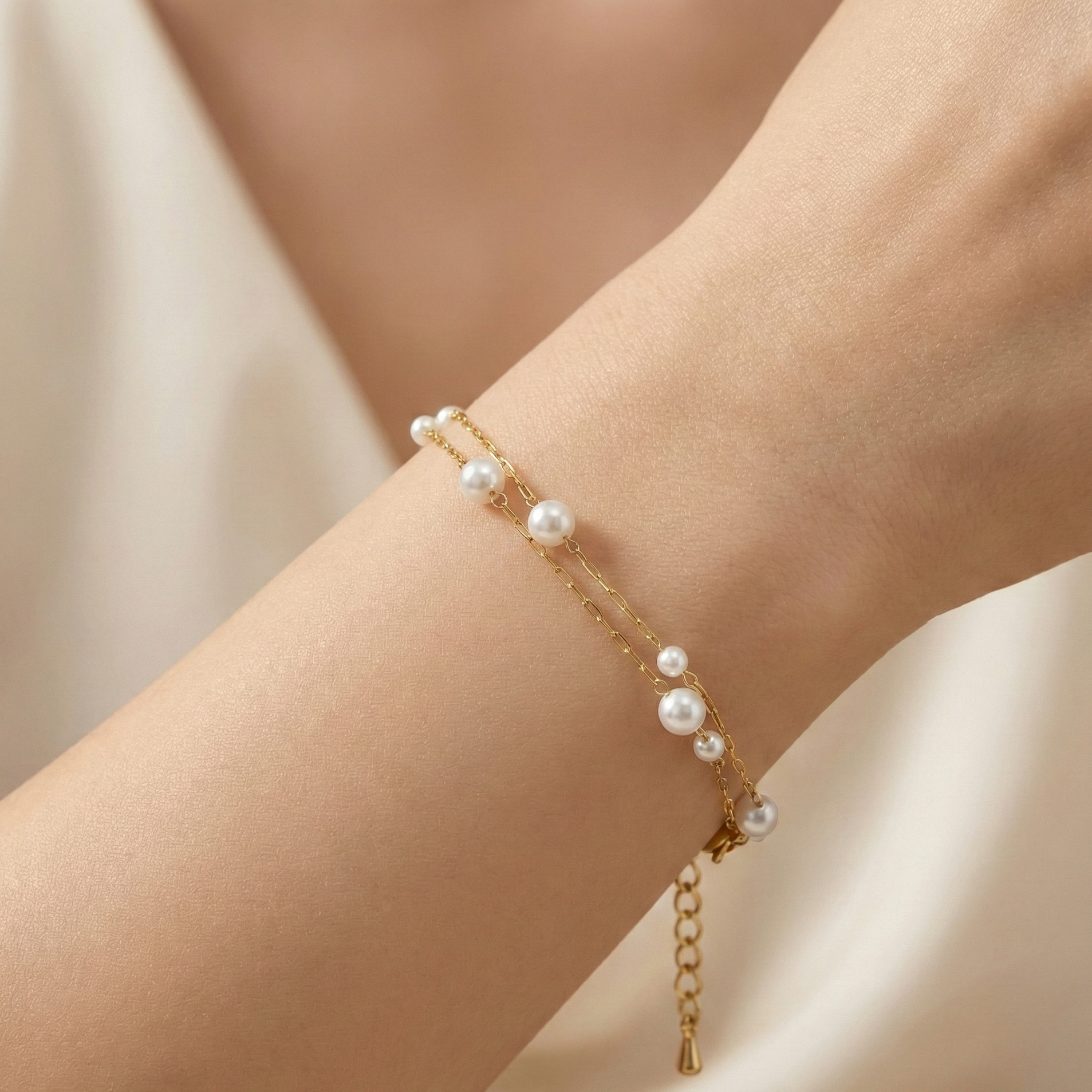 Bracelet double rang perles en acier inoxydable doré