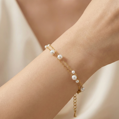 Bracelet double rang perles en acier inoxydable doré