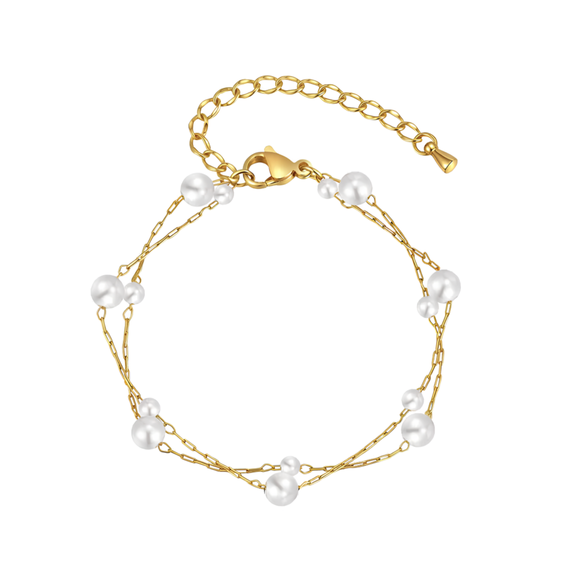Ce bracelet double rang allie une chaîne dorée délicate à des perles blanches de tailles variées pour un effet sophistiqué et aérien. Léger et féminin, il s’adapte à toutes les tenues, du quotidien aux occasions spéciales.

Matériaux : Acier inoxydable et perles synthétiques, finition couleur or
Dimensions : 16 + 5 cm – diamètre perle max : 0,5 cm – poids : 2 g
Style : Minimaliste, élégant, féminin