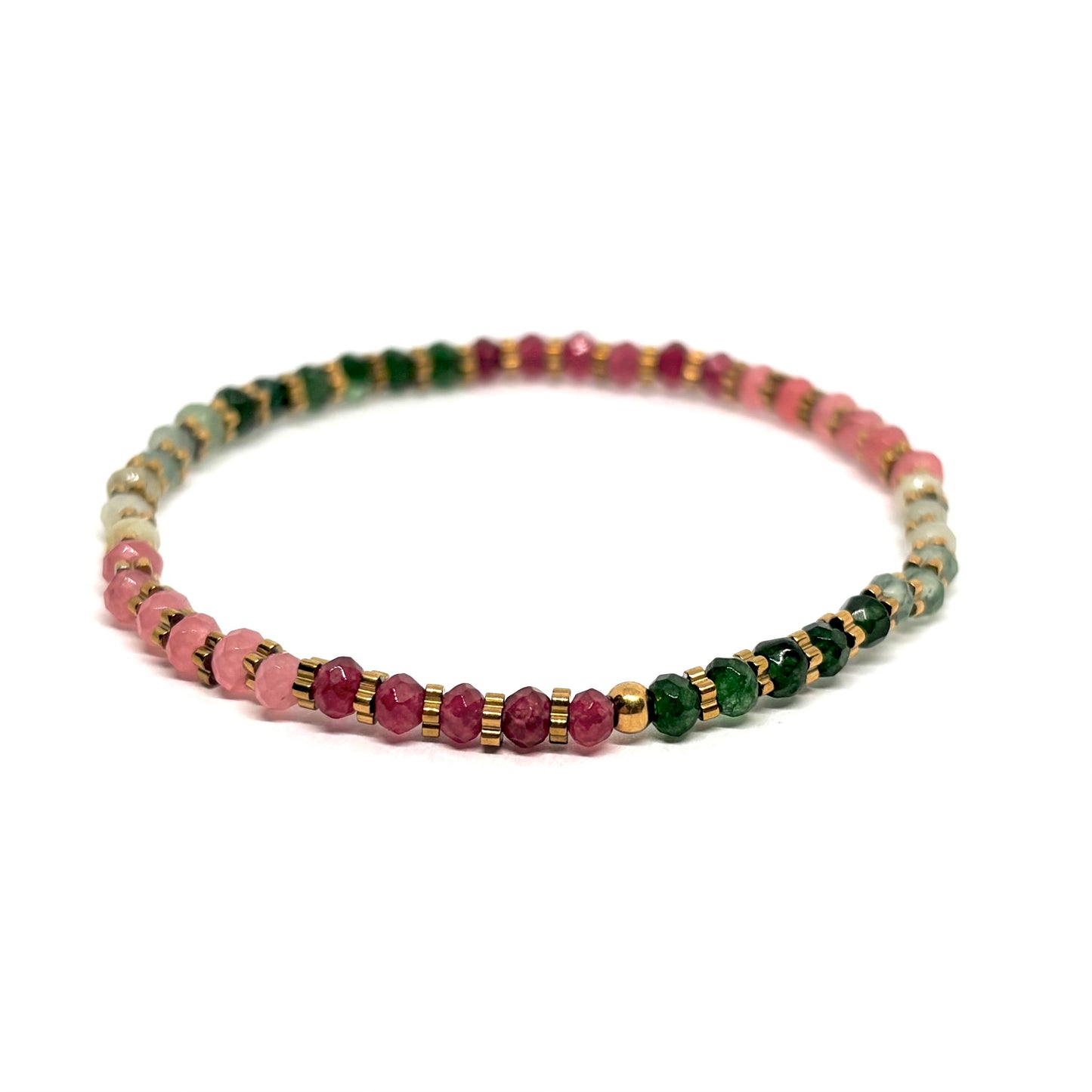 Bracelet élastique femme en acier inoxydable doré 18K, orné de perles en cristal facetté multicolores (turquoise, rose, rouge) et de perles dorées. Bijou coloré d’été, résistant à l’eau, facile à enfiler, léger et pétillant, idéal pour un look lumineux et décontracté