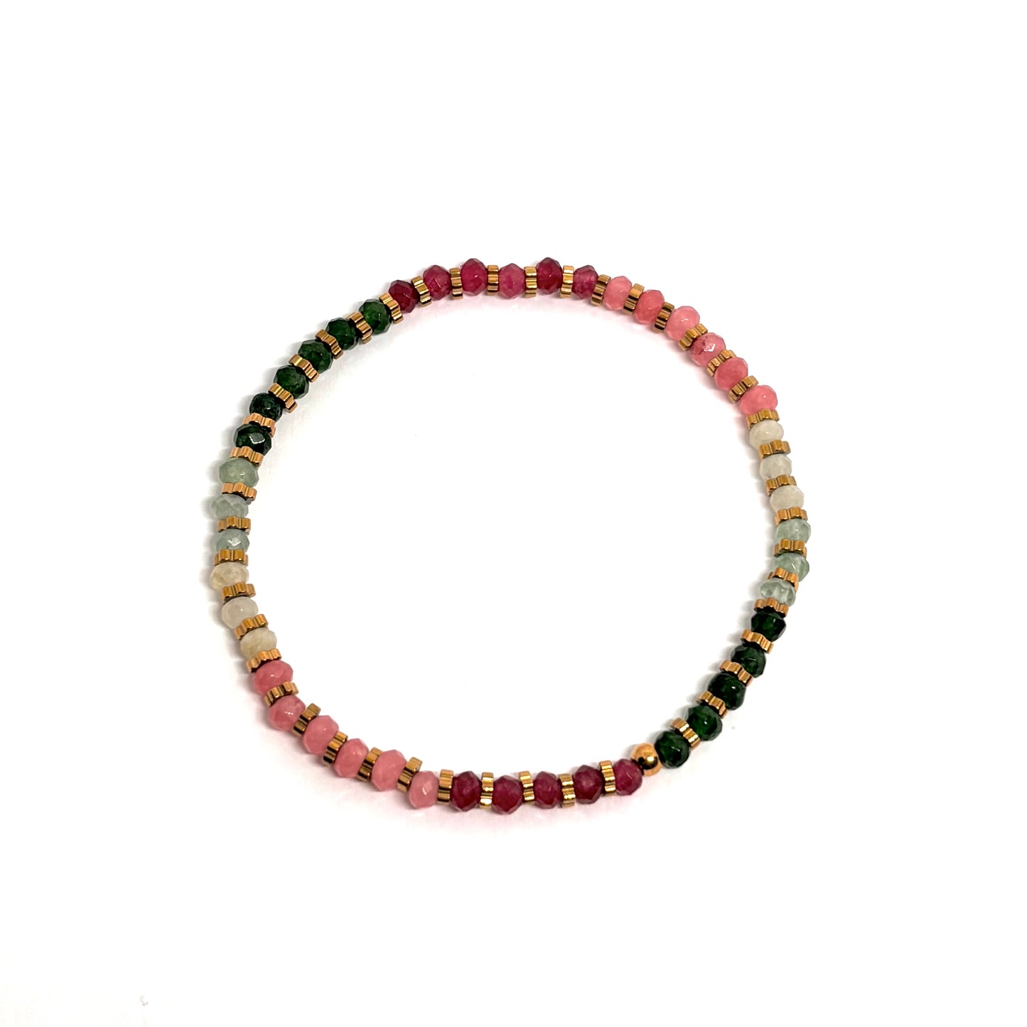 Bracelet élastique femme en acier inoxydable doré 18K, orné de perles en cristal facetté multicolores (turquoise, rose, rouge) et de perles dorées. Bijou coloré d’été, résistant à l’eau, facile à enfiler, léger et pétillant, idéal pour un look lumineux et décontracté