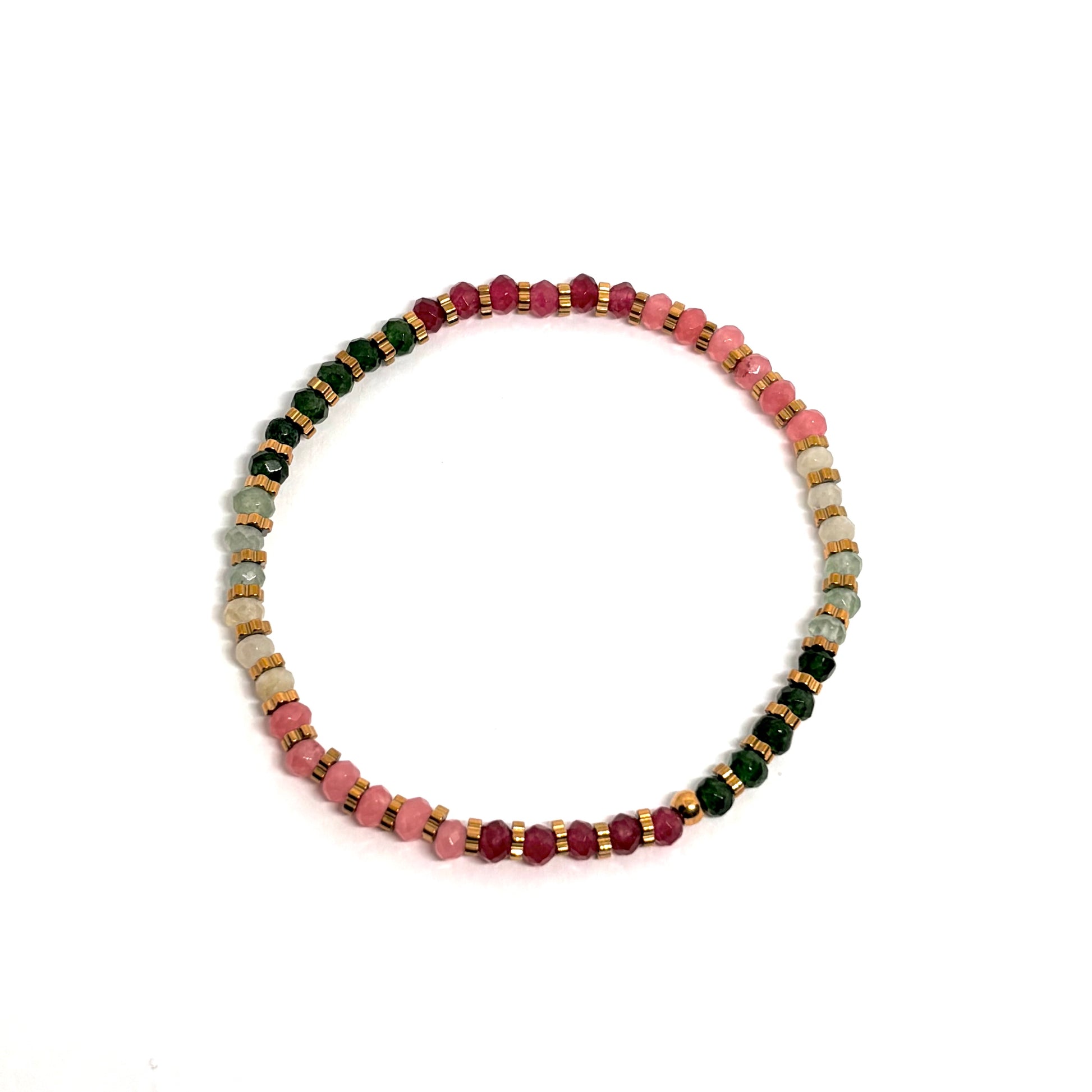 Bracelet élastique femme en acier inoxydable doré 18K, orné de perles en cristal facetté multicolores (turquoise, rose, rouge) et de perles dorées. Bijou coloré d’été, résistant à l’eau, facile à enfiler, léger et pétillant, idéal pour un look lumineux et décontracté