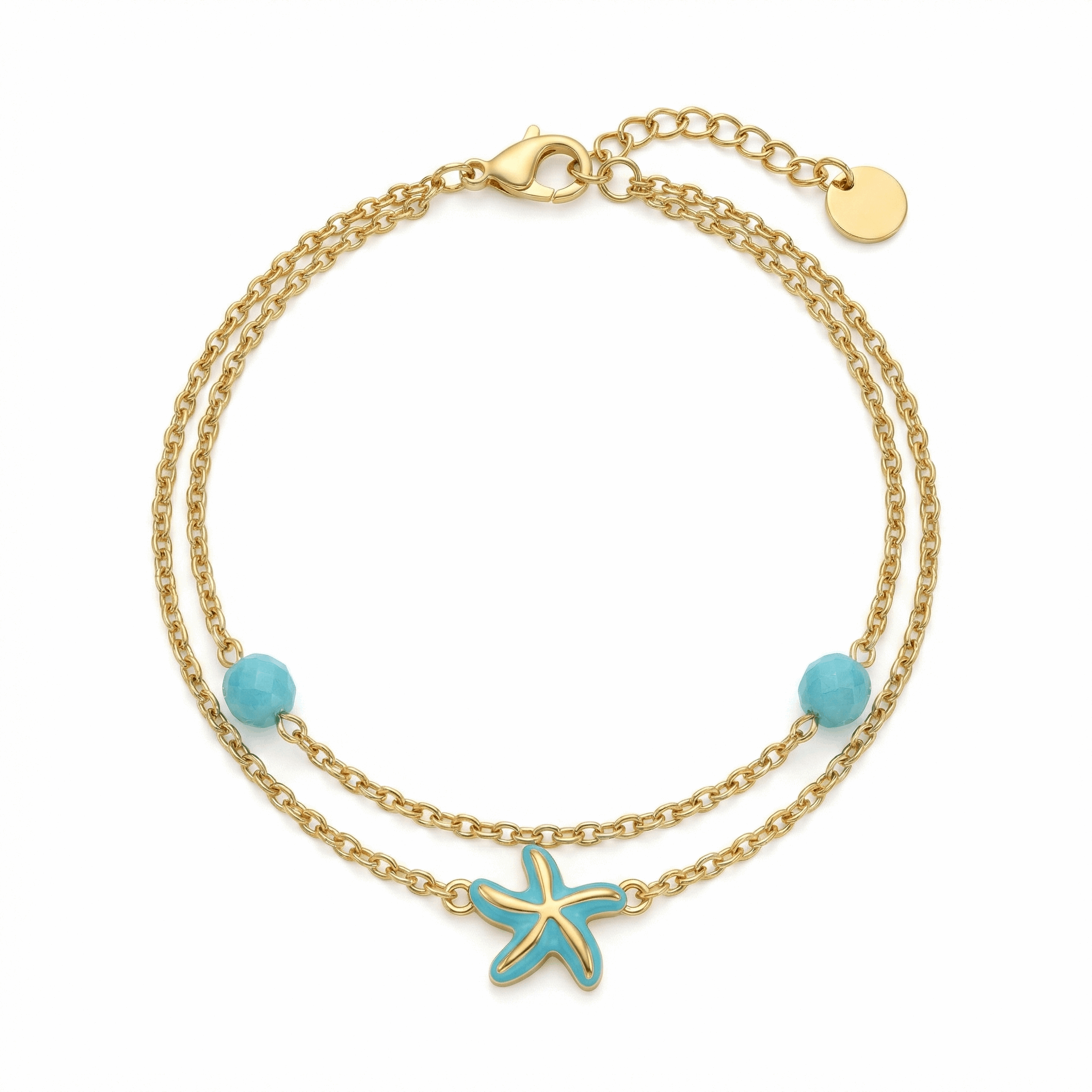 Bracelet en acier inoxydable doré avec étoile de mer turquoise et perles fines, longueur ajustable