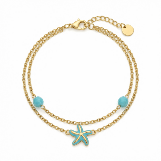 Bracelet en acier inoxydable doré avec étoile de mer turquoise et perles fines, longueur ajustable