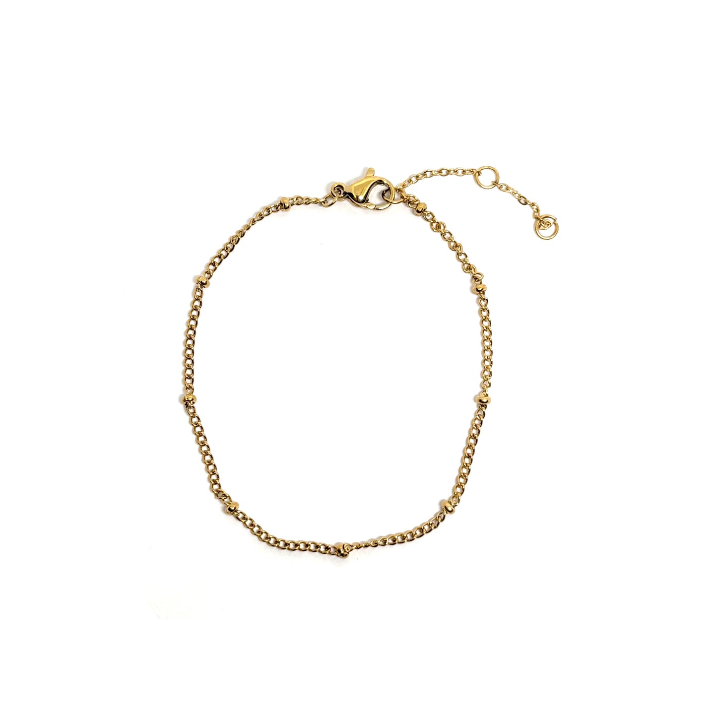 Bracelet femme en acier inoxydable couleur doré 14K à maille fine perlée. Bijou minimaliste et élégant, résistant à l’eau, hypoallergénique et ajustable, parfait pour un look raffiné au quotidien.