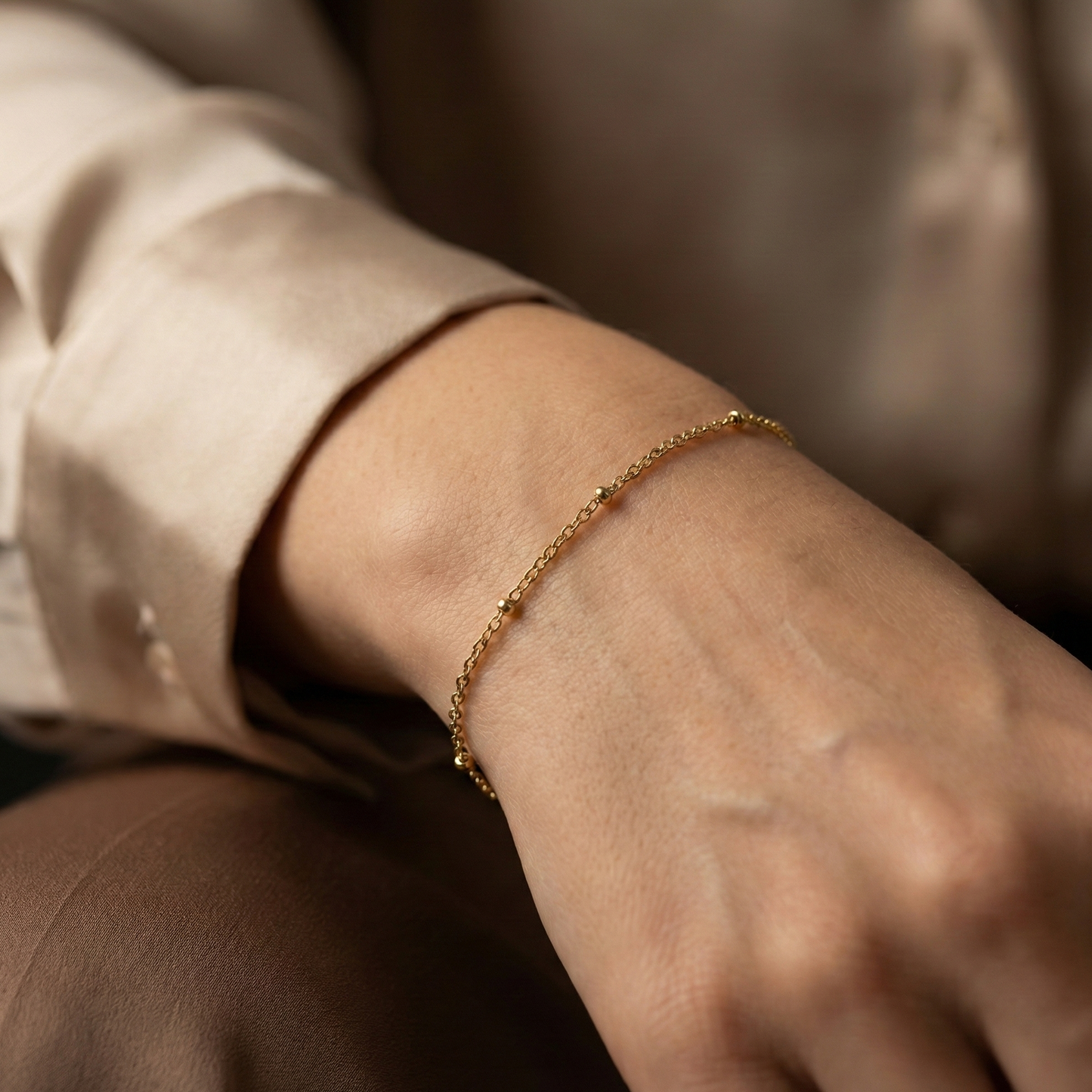 Bracelet fin perlée doré 14K en acier inoxydable