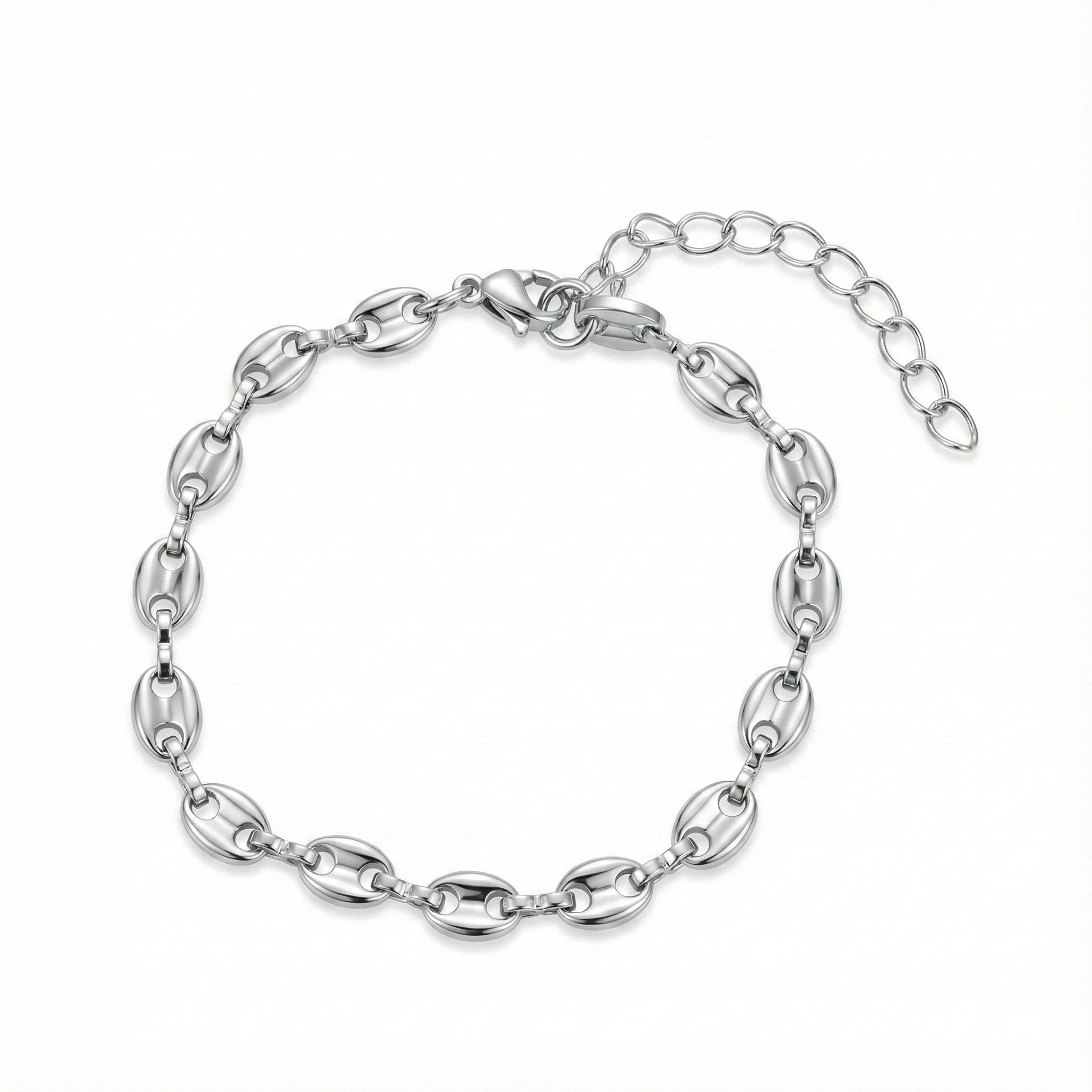 Bracelet maillons ovales plats en acier inoxydable couleur argent