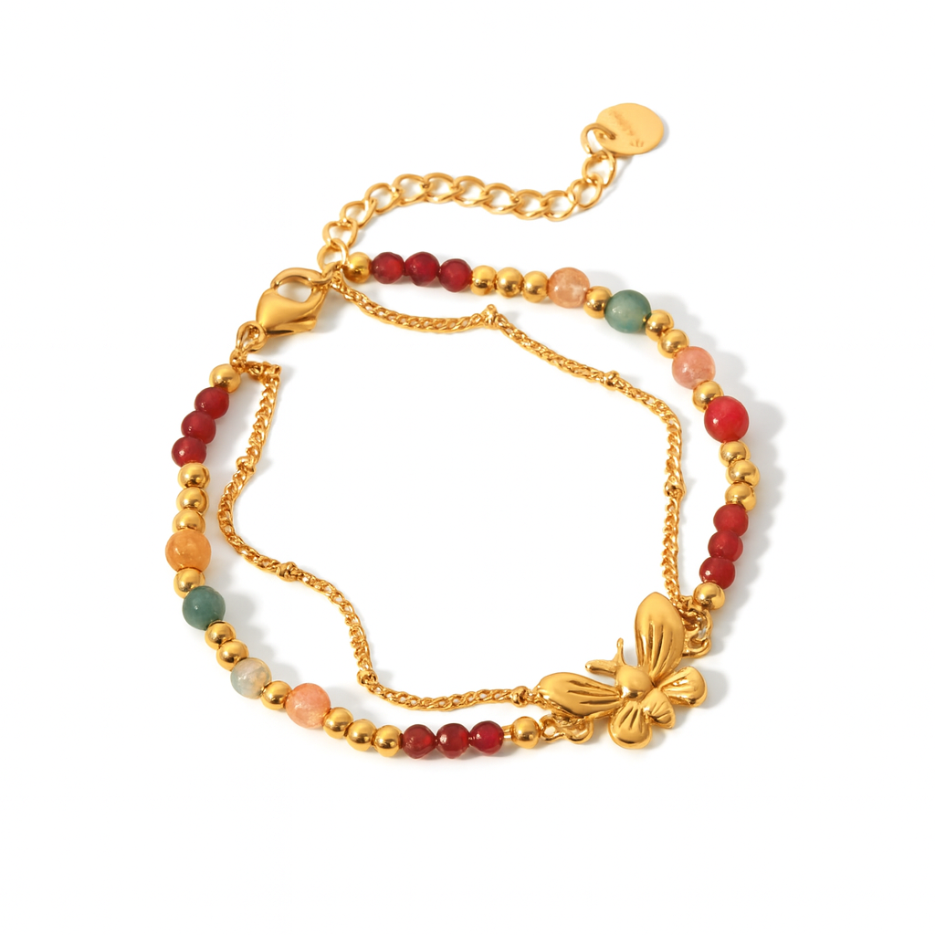 Bracelet Acier Inoxydable Doré Papillon Doré et Perles Multicolores