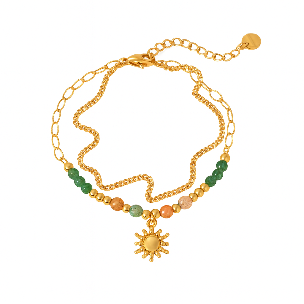 Bracelet Acier Inoxydable Doré Soleil Doré et Perles Vertes