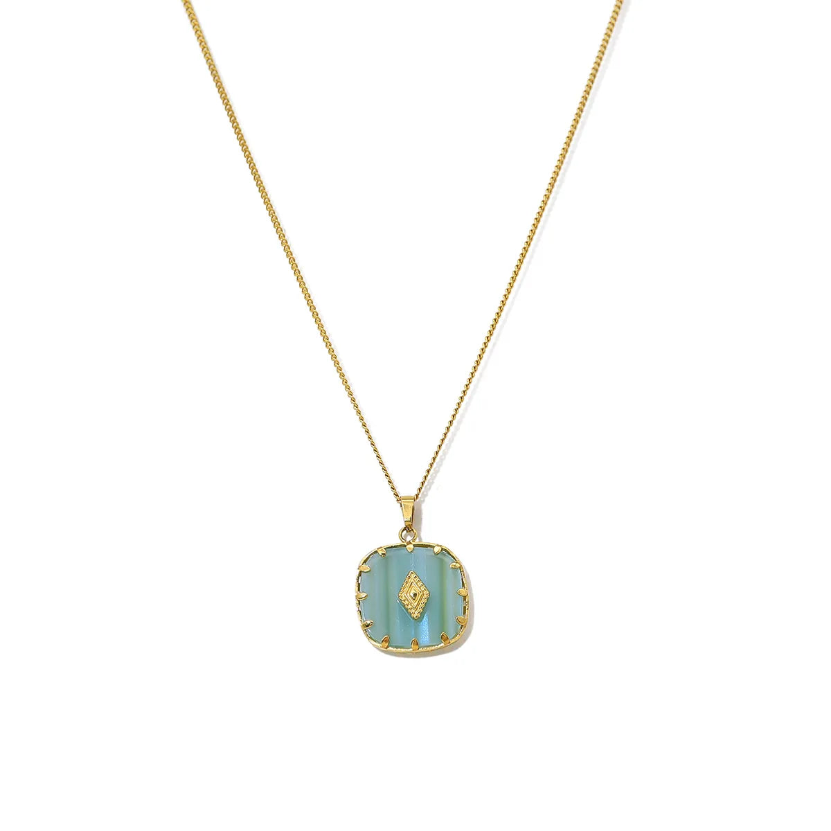 Collier couleur or en acier inoxydable avec pendentif turquoise serti, style bohème chic.