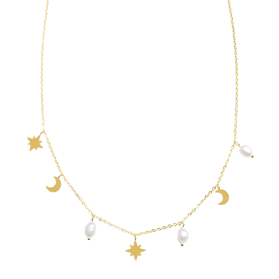 Laissez parler votre énergie cosmique avec ce collier doré à pendentifs lune et étoiles, sublimé par de délicates perles blanches. Un bijou poétique qui mêle symbolique céleste et lumière naturelle.