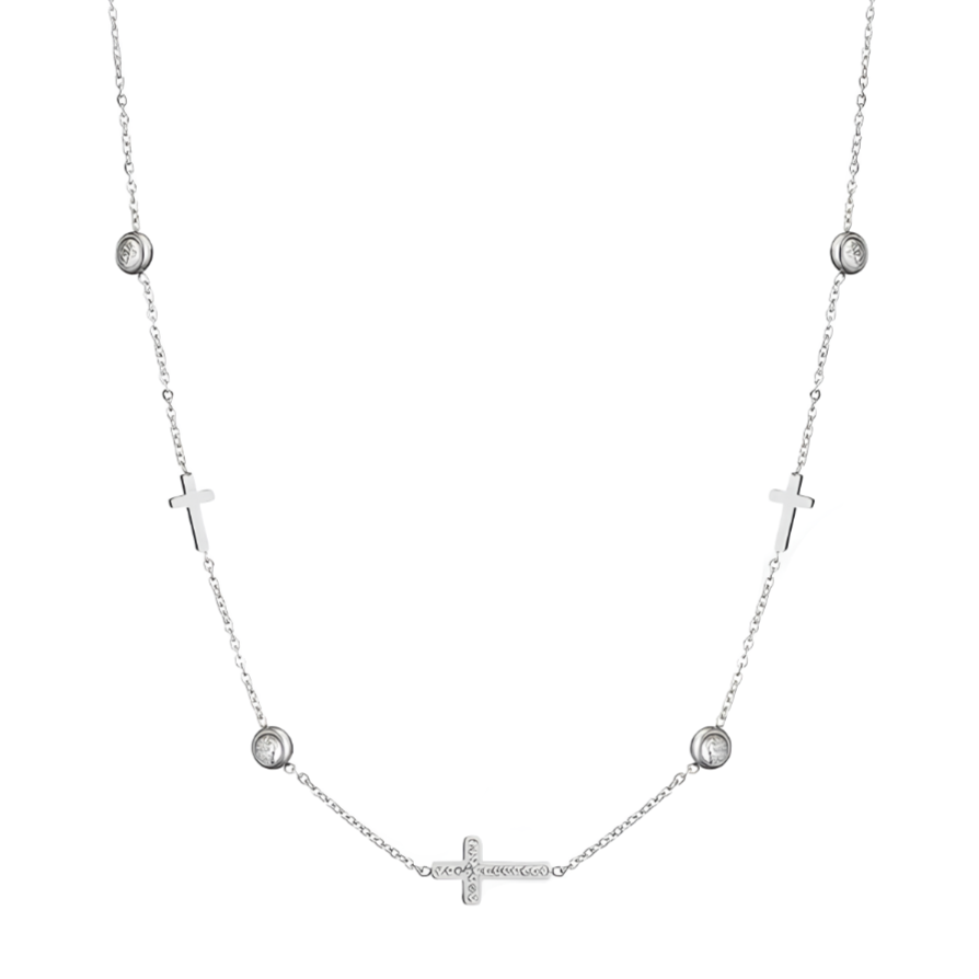Portez un symbole fort avec ce&nbsp;collier croix en acier inoxydable argenté, orné de petites croix alternées à des strass ronds scintillants. Un bijou à la fois spirituel, raffiné et élégant.

Matériau : Acier inoxydable argenté, hypoallergénique, résistant à l’eau et à l’oxydation.