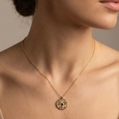 collier acier inoxydable doré arbre de vie cristal vert