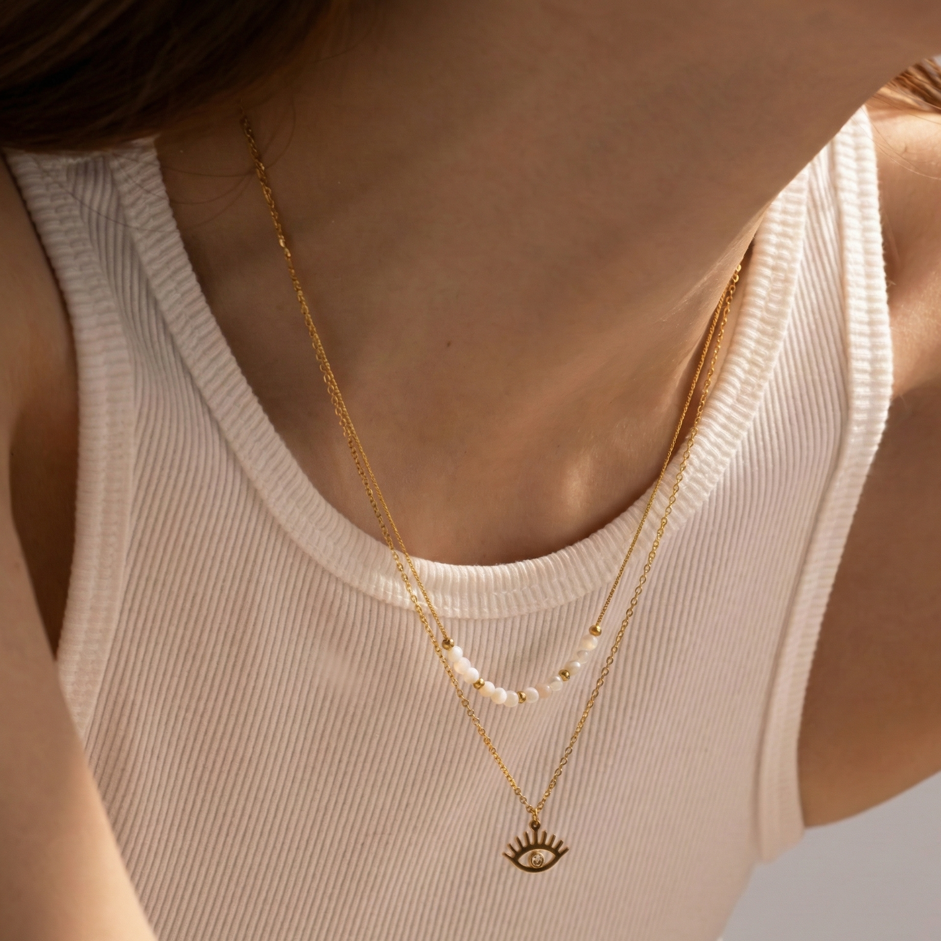 collier acier inoxydable doré double rang œil protecteur vue large