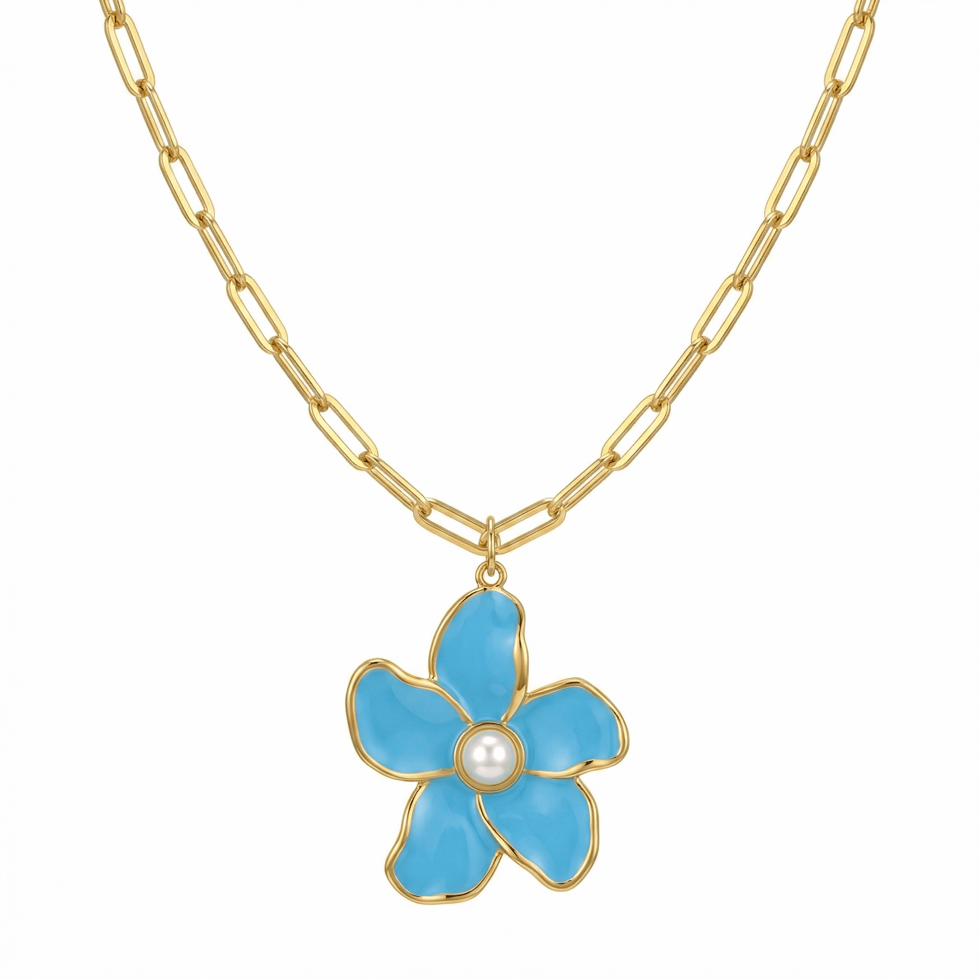 Collier doré en acier inoxydable avec pendentif fleur bleue et perle centrale