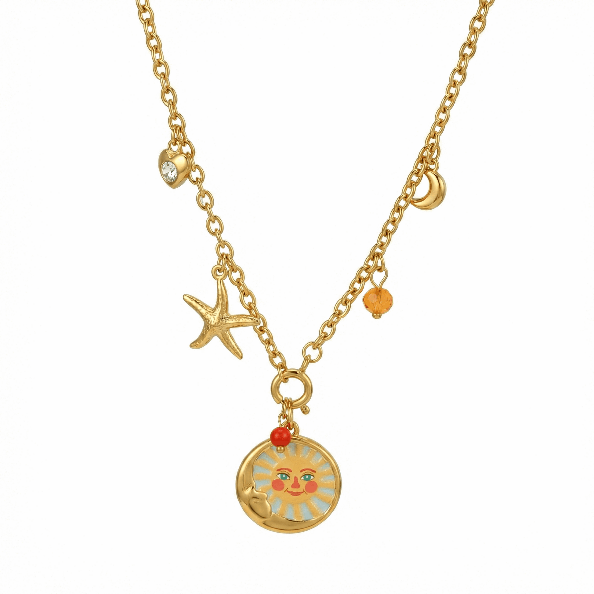 Collier en acier inoxydable doré avec pendentif soleil illustré et charms célestes, collier symbolique élégant pour usage quotidien