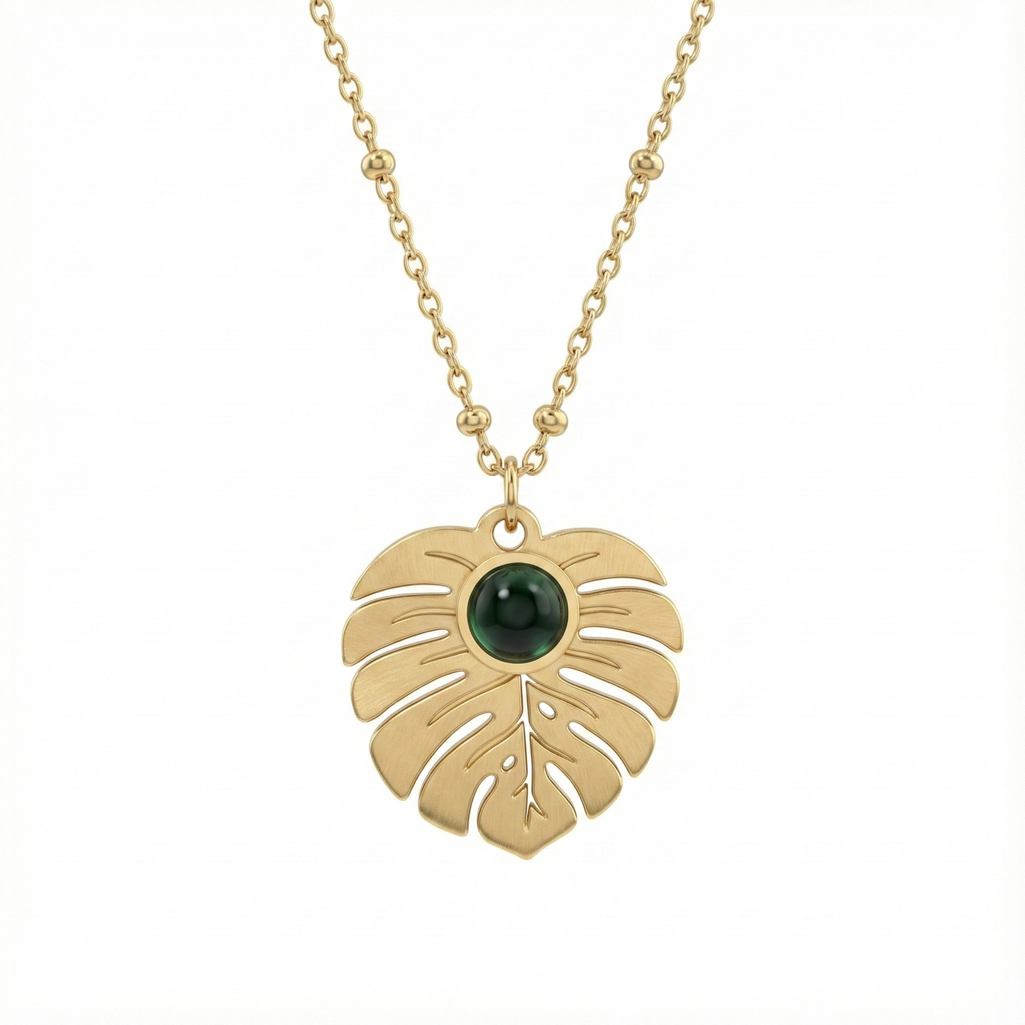 collier acier inoxydable argent feuille Monstera pierre verte vue large