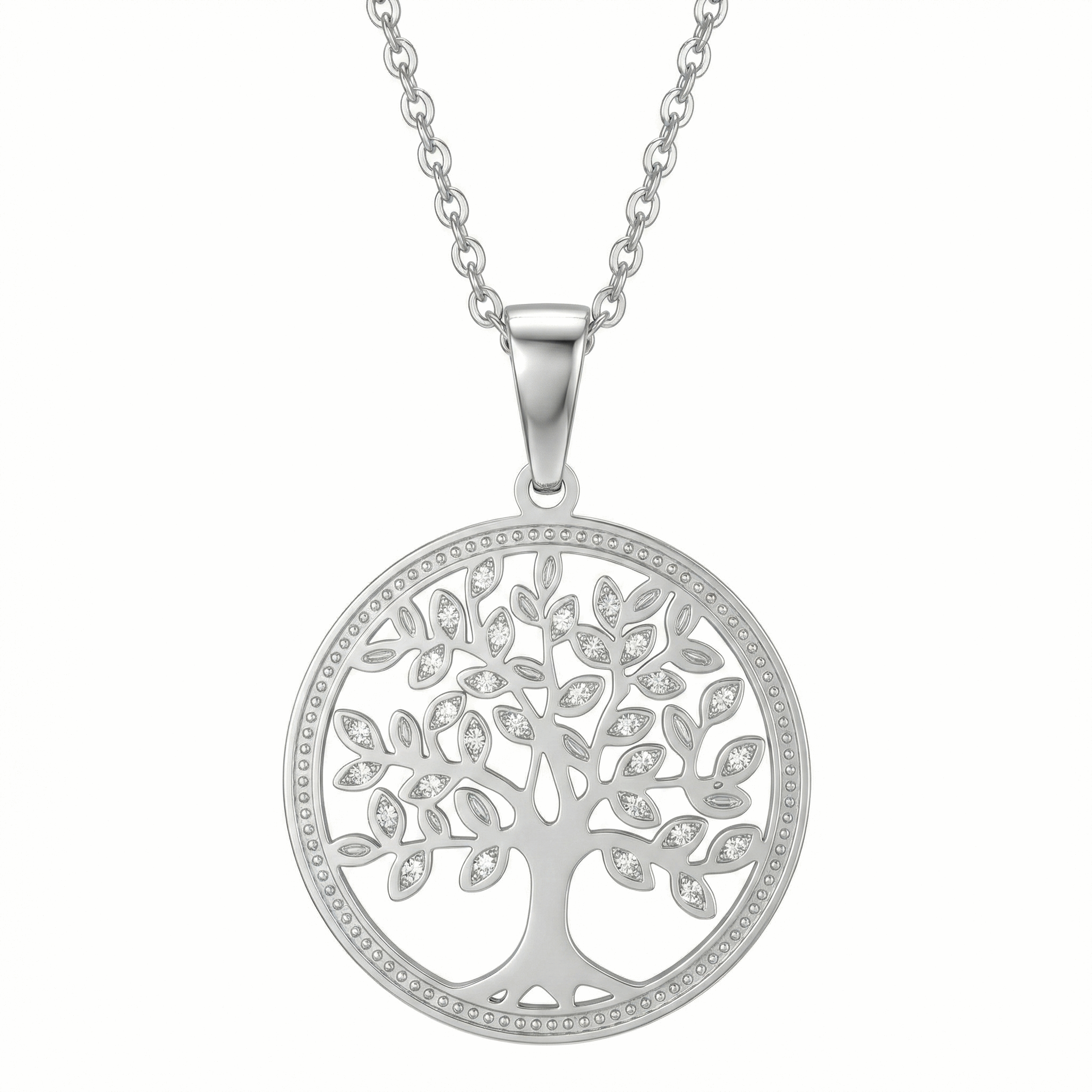 Collier arbre de vie en acier inoxydable couleur acier serti de pierres