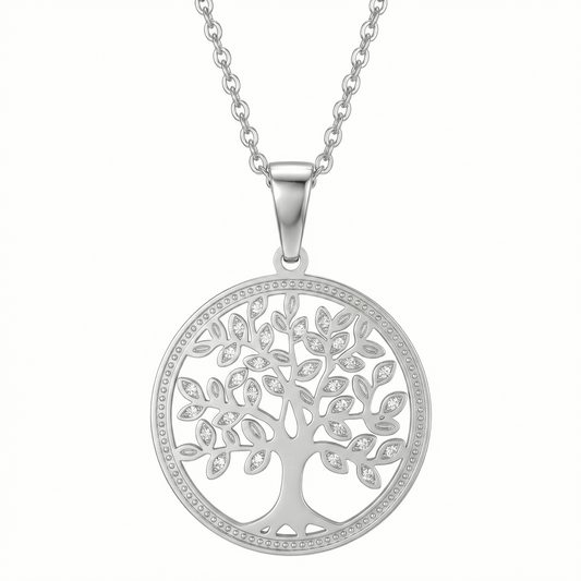 Collier arbre de vie en acier inoxydable couleur acier serti de pierres