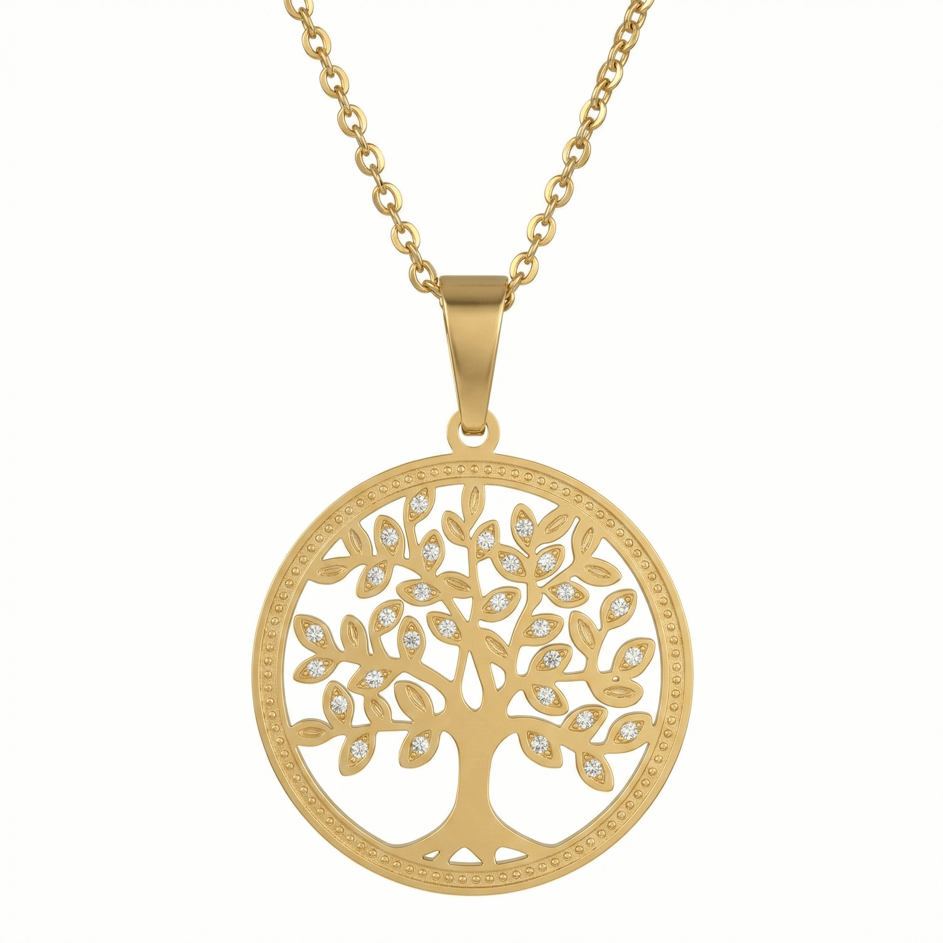 Collier arbre de vie en acier inoxydable doré avec pierres claires serties, pendentif 32 mm, chaîne ajustable pour usage quotidien