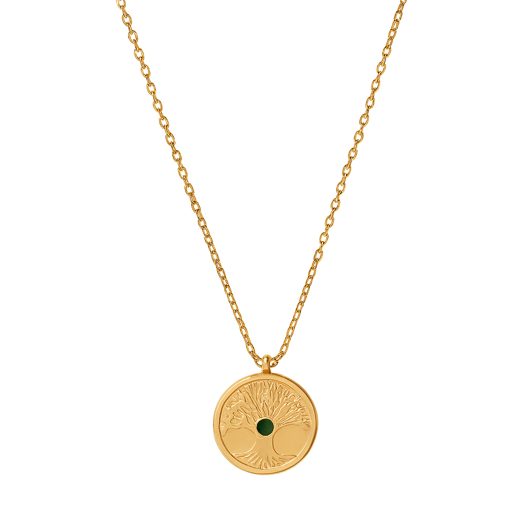 Médaillon rond gravé d’un arbre de vie finement travaillé, serti d’un cristal vert profond en son cœur. Ce bijou évoque la croissance, l’enracinement et l’harmonie intérieure. Une pièce à forte symbolique.

Matériaux : Acier inoxydable couleur or, finition lisse et brillante, hypoallergénique et résistant à l’eau.

Dimensions : Longueur de la chaîne : 45 + 5 cm ; pendentif : 2,3 x 1,9 cm.

Style : Discret et élégant, ce collier spirituel et raffiné s’adapte à toutes les tenues. Idéal pour offrir ou pour aff