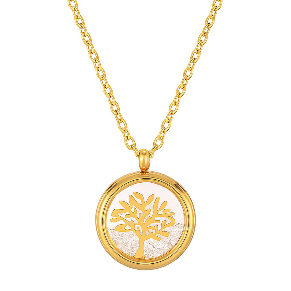 Portez un symbole fort avec ce collier arbre de vie doré en acier inoxydable, serti dans un médaillon en verre transparent et rempli d’éclats de cristal. Un bijou qui incarne la force, la croissance et l’harmonie intérieure.

Matériau : Acier inoxydable doré, verre transparent, cristaux décoratifs, hypoallergénique, résistant à l’eau et à l’oxydation.

Dimensions : Pendentif&nbsp; environ 1,8 cm.

Design : Médaillon rond double face, arbre finement découpé en doré au centre, entouré d’éclats translucides po
