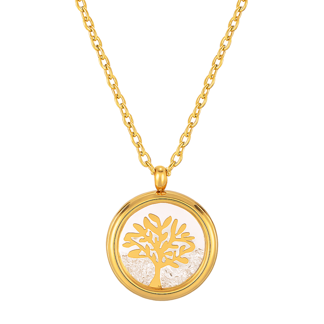 Portez un symbole fort avec ce collier arbre de vie doré en acier inoxydable, serti dans un médaillon en verre transparent et rempli d’éclats de cristal. Un bijou qui incarne la force, la croissance et l’harmonie intérieure.

Matériau : Acier inoxydable doré, verre transparent, cristaux décoratifs, hypoallergénique, résistant à l’eau et à l’oxydation.

Dimensions : Pendentif&nbsp; environ 1,8 cm.

Design : Médaillon rond double face, arbre finement découpé en doré au centre, entouré d’éclats translucides po