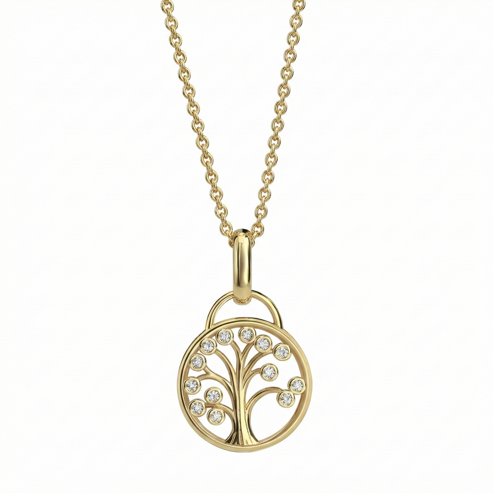 Collier arbre de vie doré avec pendentif circulaire serti de zircons étincelants