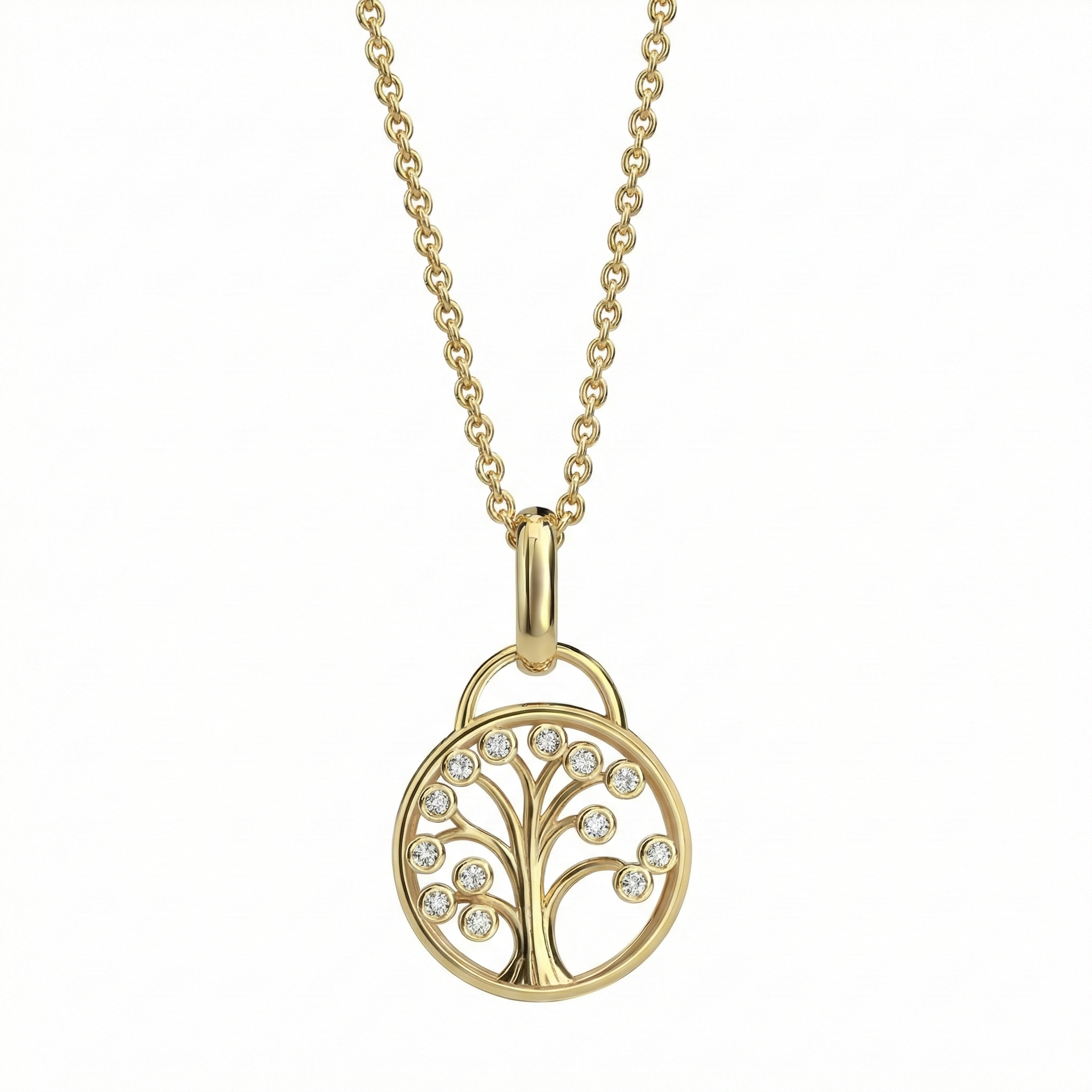 Collier arbre de vie doré avec pendentif circulaire serti de zircons étincelants