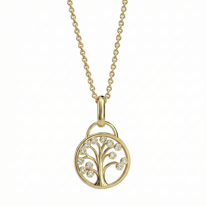 Collier arbre de vie doré avec pendentif circulaire serti de zircons étincelants