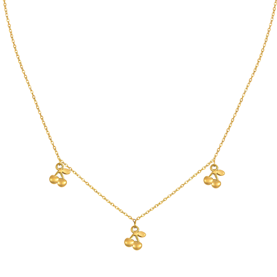 Ce collier en acier inoxydable doré, orné de trois pendentifs en forme de cerises stylisées, est une touche gourmande et espiègle à ajouter à votre tenue. Léger, raffiné, et joyeux, il séduit par son charme minimaliste et original.

Matériau : Acier inoxydable couleur doré, placage PVD or 18K, hypoallergénique, résistant à l’eau et à l’oxydation.