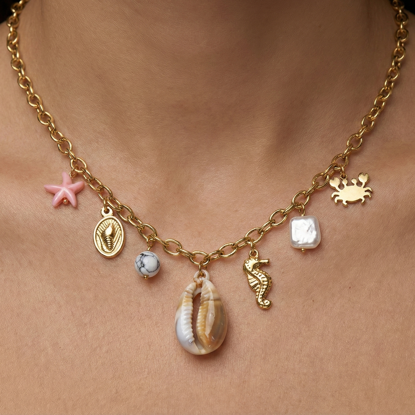 Collier charms coquillages et animaux marins en acier inoxydable doré