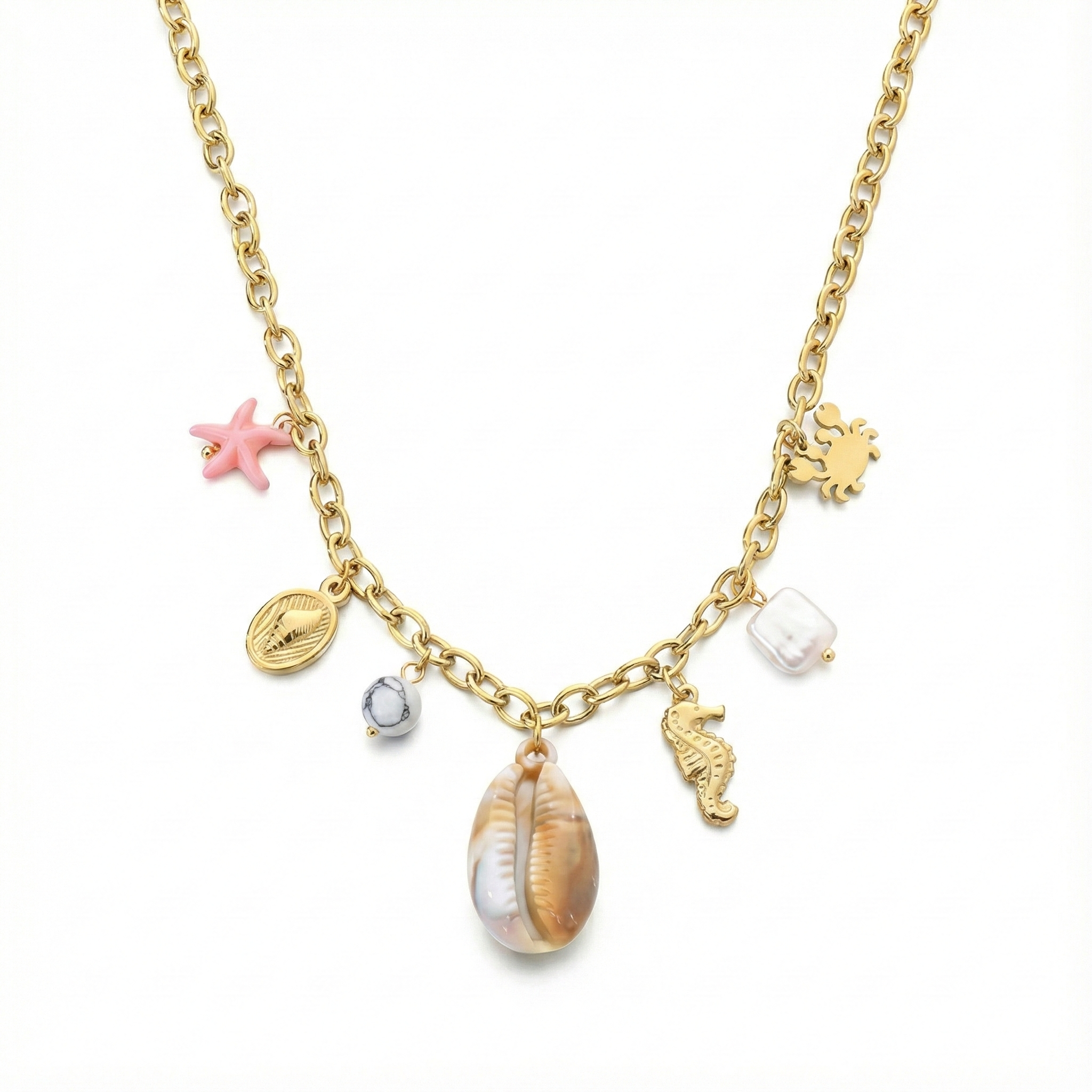 Collier charms coquillages et animaux marins en acier inoxydable doré