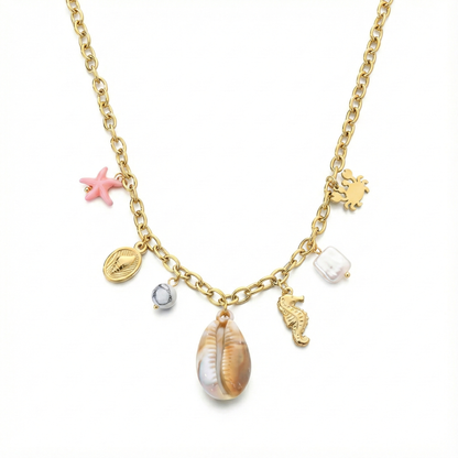 Collier charms coquillages et animaux marins en acier inoxydable doré