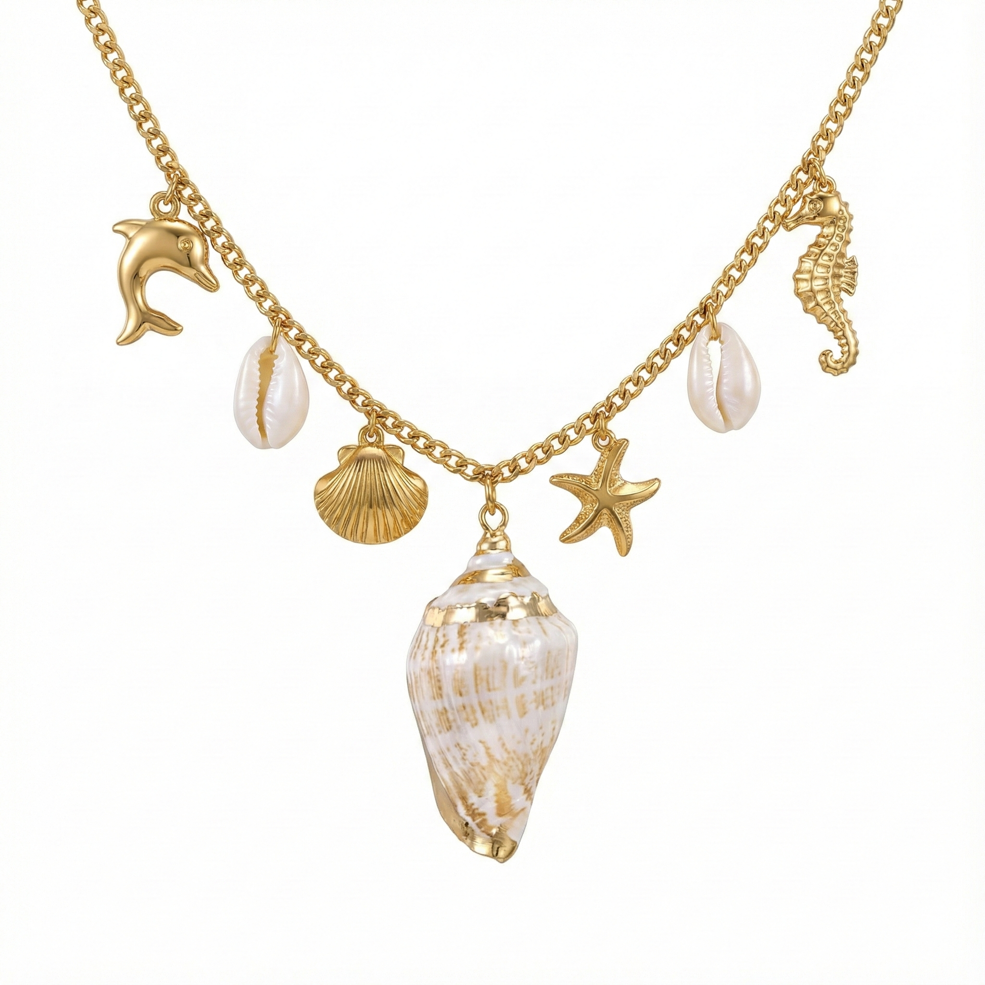 Collier charms marins avec coquillage en acier inoxydable doré