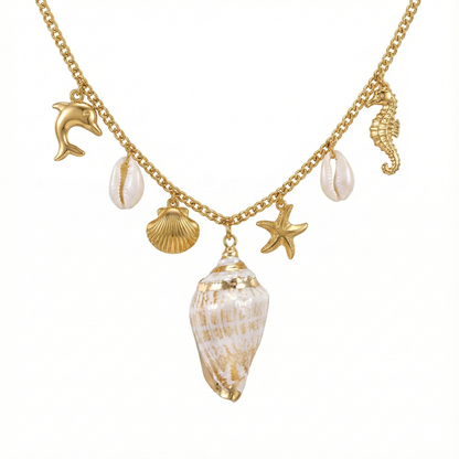 Collier charms marins avec coquillage en acier inoxydable doré