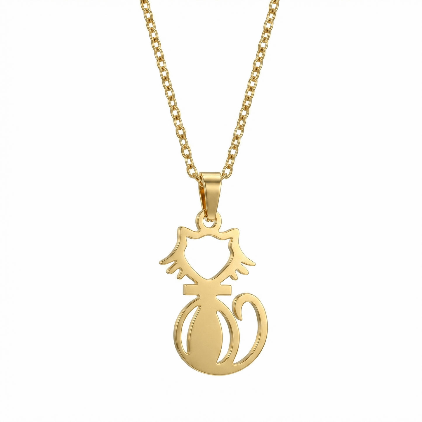 Collier chat stylisé en acier inoxydable doré, pendentif ajouré minimaliste, chaîne ajustable 45 + 5 cm, bijou discret pour usage quotidien