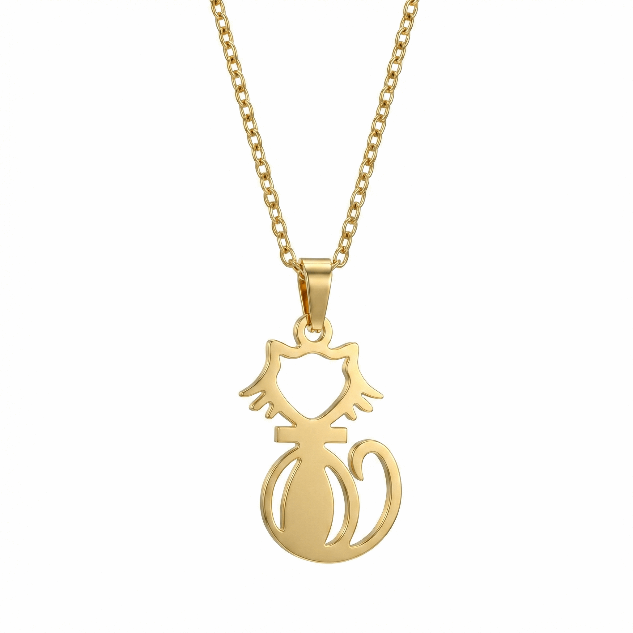 Collier chat stylisé en acier inoxydable doré, pendentif ajouré minimaliste, chaîne ajustable 45 + 5 cm, bijou discret pour usage quotidien