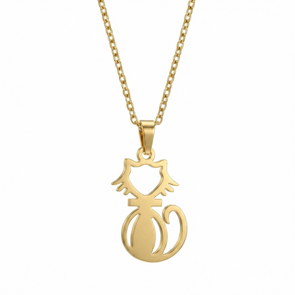 Collier chat stylisé en acier inoxydable doré, pendentif ajouré minimaliste, chaîne ajustable 45 + 5 cm, bijou discret pour usage quotidien