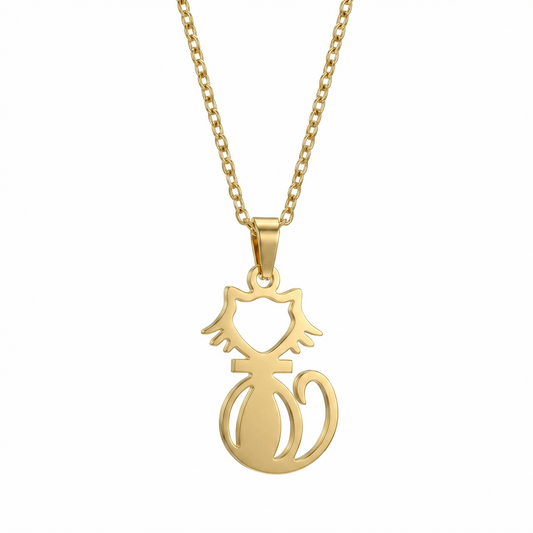 Collier chat stylisé en acier inoxydable doré, pendentif ajouré minimaliste, chaîne ajustable 45 + 5 cm, bijou discret pour usage quotidien