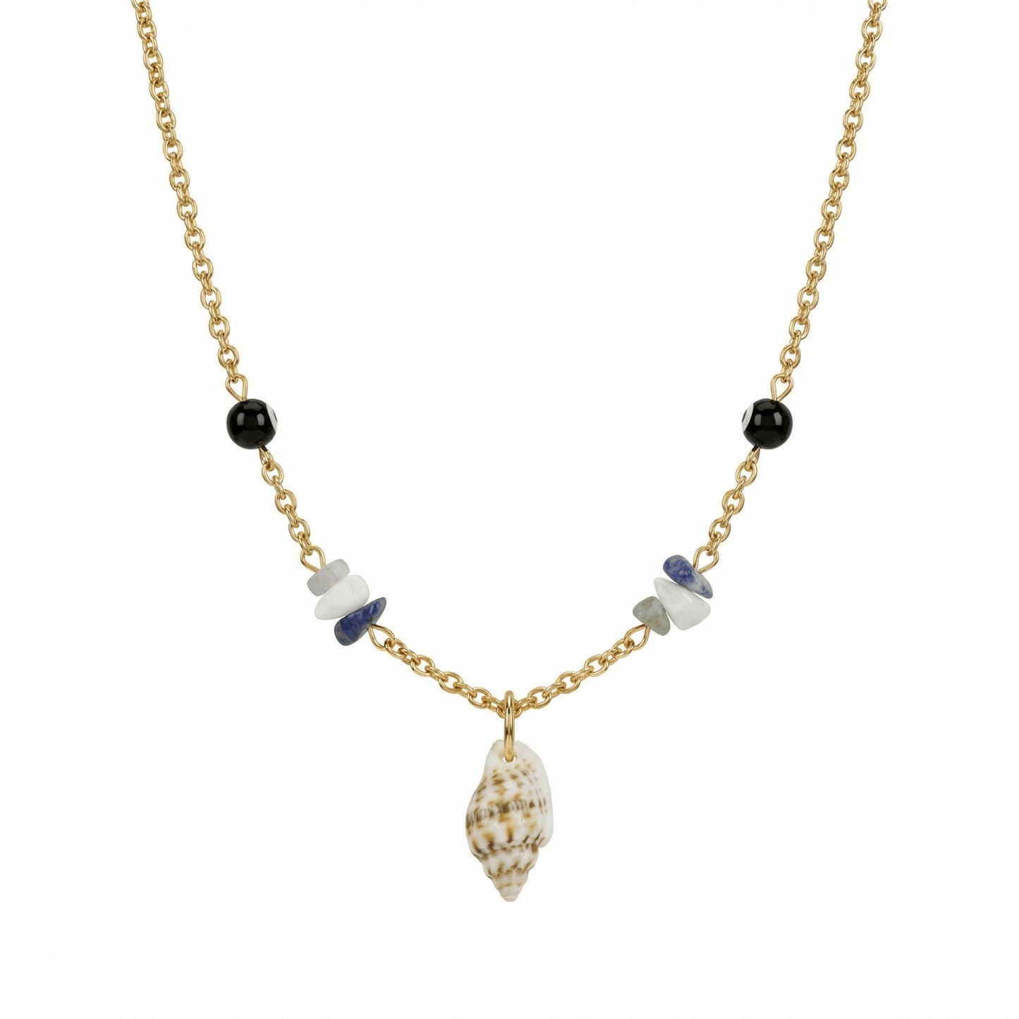 Collier doré en acier inoxydable avec pendentif coquillage naturel et perles décoratives