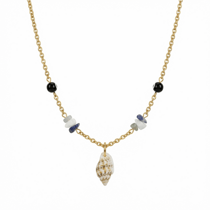 Collier doré en acier inoxydable avec pendentif coquillage naturel et perles décoratives