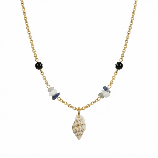 Collier doré en acier inoxydable avec pendentif coquillage naturel et perles décoratives