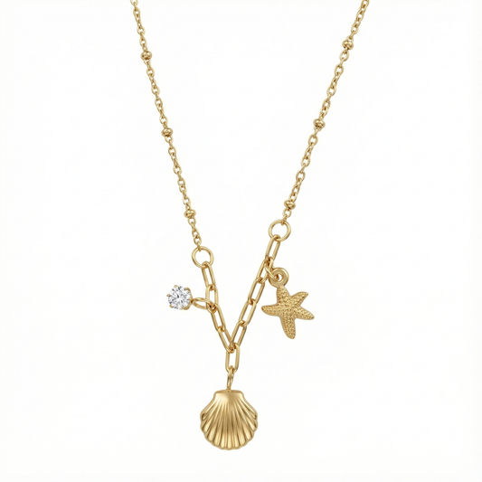 Collier coquillage et étoile en acier inoxydable doré